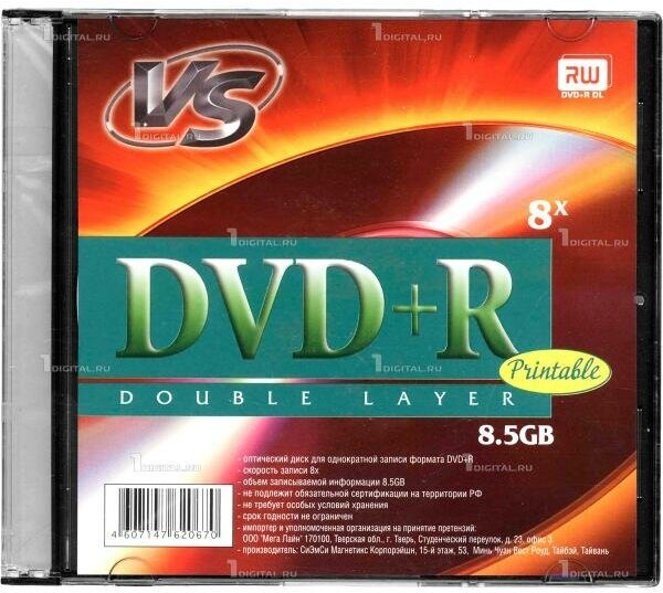Диски VS DVD+R Slim Case (1шт.) 8.5 Gb Double Layer 8x Ink Printable (VSDVDPRDLSLPR01)