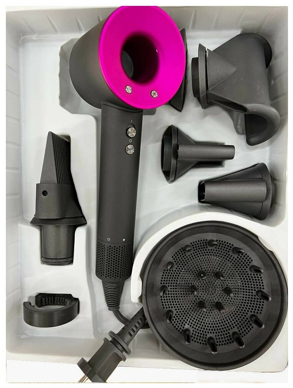Интеллектуальный фен для волос Super Hair Dryer 1600 Вт, 3 режима, 5 магнитных насадок, ионизация воздуха - фотография № 12