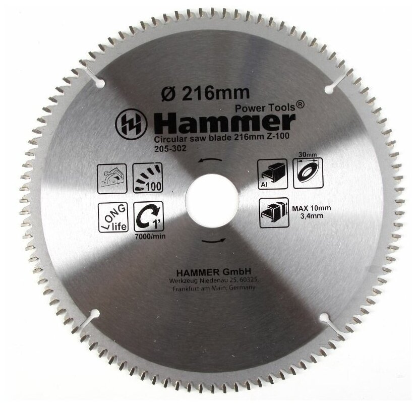 Диск пильный Hammer Flex 205-302 CSB AL 216мм*100*30мм по алюминию