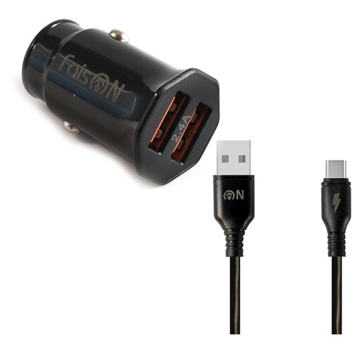 Автомобильная зарядка 2xUSB FaisON A-20, EDGE, 2.4 A, кабель Type-C, 1.0 м, чёрный