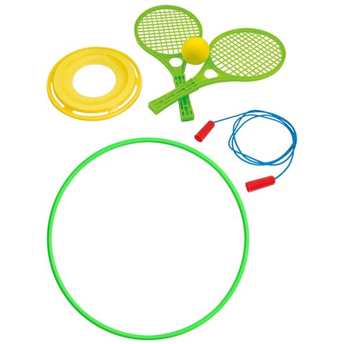 фото Набор активные игры 4в1/ летающий диск + набор для тенниса + скакалка спортивная + обруч 60 см зеленый, zebratoys