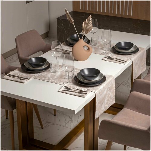 Набор дорожка на стол кухонная сервировочная скатерть 2 шт. (130х35см), 4 тканевые салфетки (44х44см). Полулен. Папоротники / Fougre