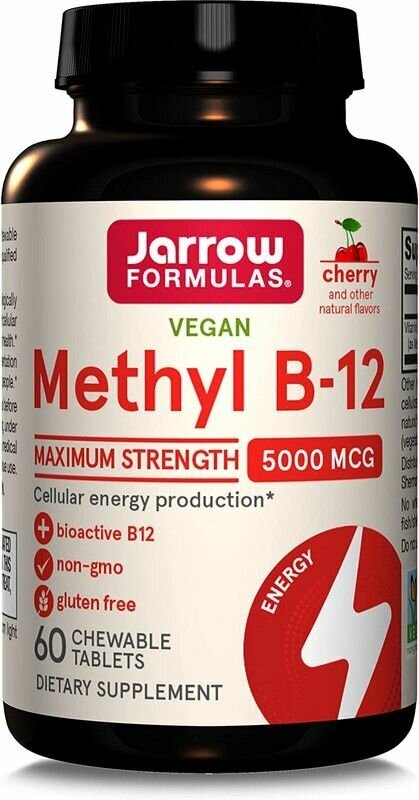 Jarrow Formulas, веганский метилкобаламин, максимальная сила действия, вишня, 5000 мкг, 60 жевательных таблеток — фото 1