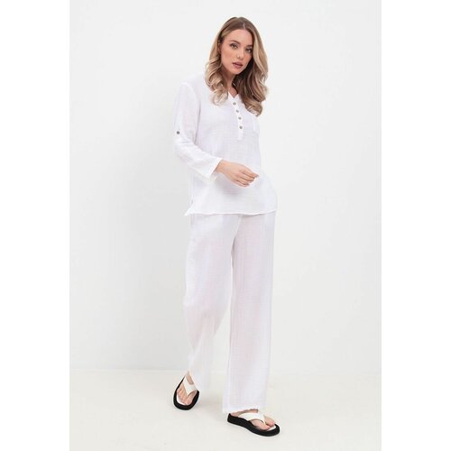 Комплект Luisa Moretti, брюки, блуза, длинный рукав, карманы, пояс на резинке, размер 44/46, белый