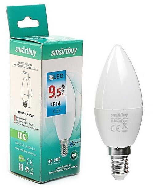 Smartbuy Лампа светодиодная Smartbuy, Е14, C37, 9.5 Вт, 6000 К, холодный белый свет