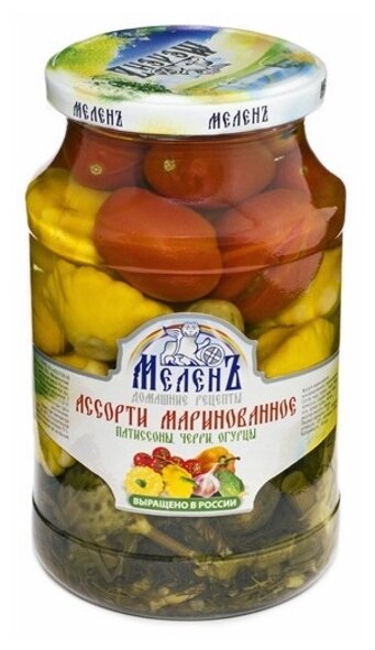 Меленъ Овощные консервы Ассорти маринованное патиссоны, черри, огурцы, 900 г, 1 шт, 1 шт