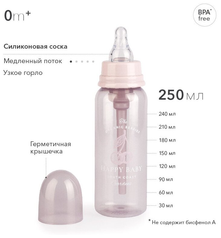 Happy Baby Бутылочка антиколиковая, узкое горло, 250 мл (10015), с ...