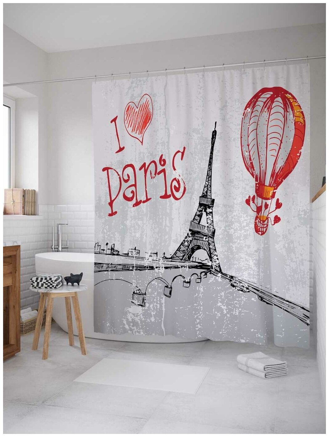 Штора водоотталкивающая для ванной, занавеска в ванную комнату тканевая JoyArty "Над Парижем на воздушном шаре", 180х200 см