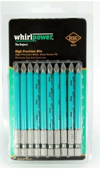 Бита крестовая магнитная WhirlPower PH2x90 мм для больших нагрузок 10 шт, биты для шуруповертов