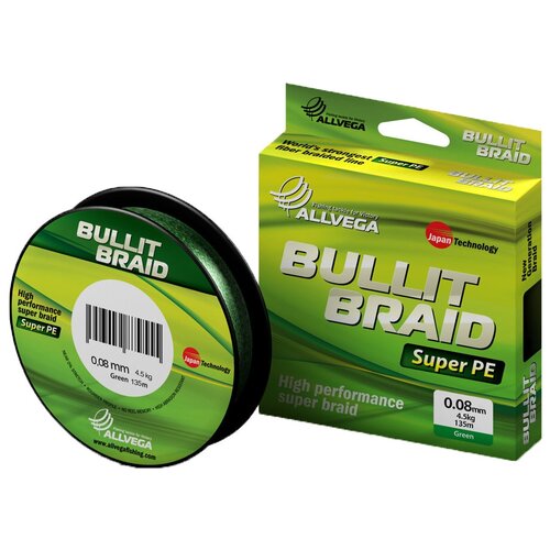 леска плетеная allvega bullit braid multi color 0 10 150м Плетеный шнур ALLVEGA BULLIT BRAID d=0.08 мм, 135 м, 4.5 кг, dark green, 1 шт.