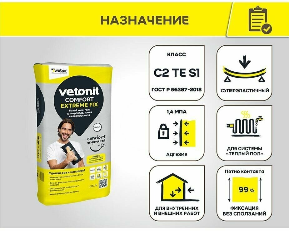 Клей для камня, мрамора и керамогранита Vetonit Comfort Extreme Fix белый (класс C2 TE S1) 20 кг /Ветонит Комфорт Экстрим Фикс