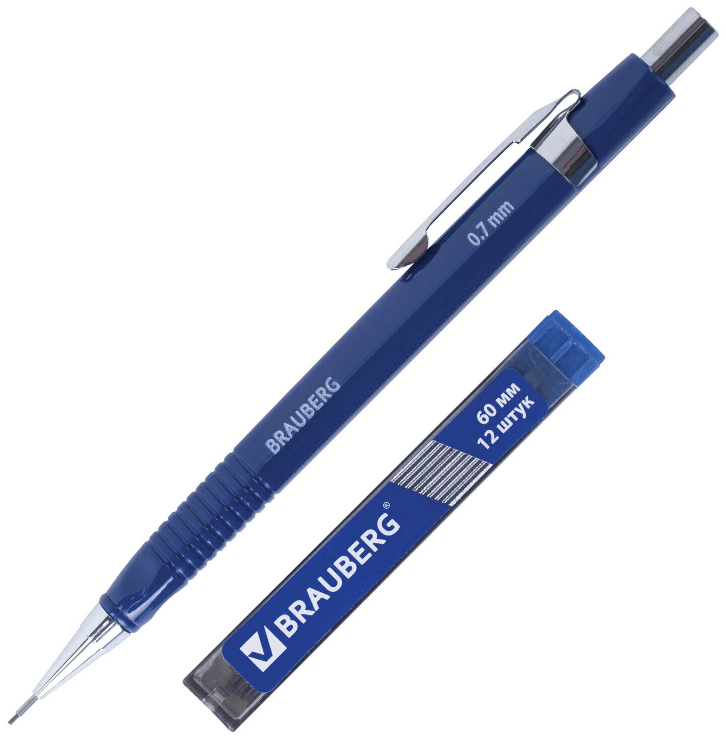 Набор BRAUBERG : механический карандаш, трёхгранный синий корпус + грифели HB, 0,7 мм, 12 штук, блистер, 180494