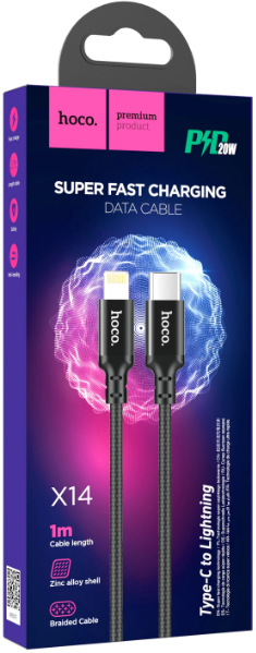 Usb Кабель-зарядка Type-C на Lightning Hoco X14 Double 3A 20W 1м в тканевой оплетке черный