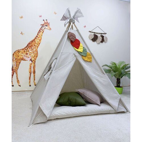 Детская палатка вигвам льняной с мягким теплым ковриком и подушками 2 шт в комплекте. Основание 120х120 см.