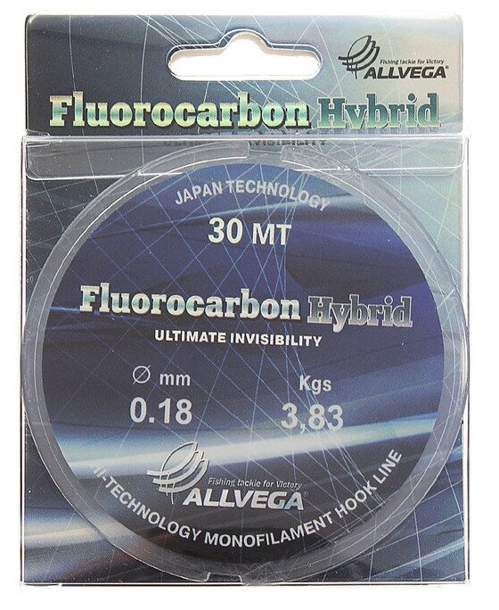 Леска монофильная ALLVEGA"Fluorocarbon Hybrid" 30м 0,18мм, 3,83кг, флюорокарбон 65% Allvega 9336045 .