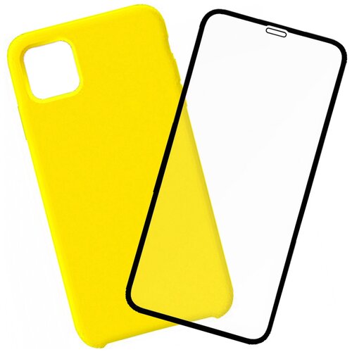 Силиконовый чехол Silicone Case для iPhone 11 солнечно-желтый, комплект со стеклом 3D Tiger Glass