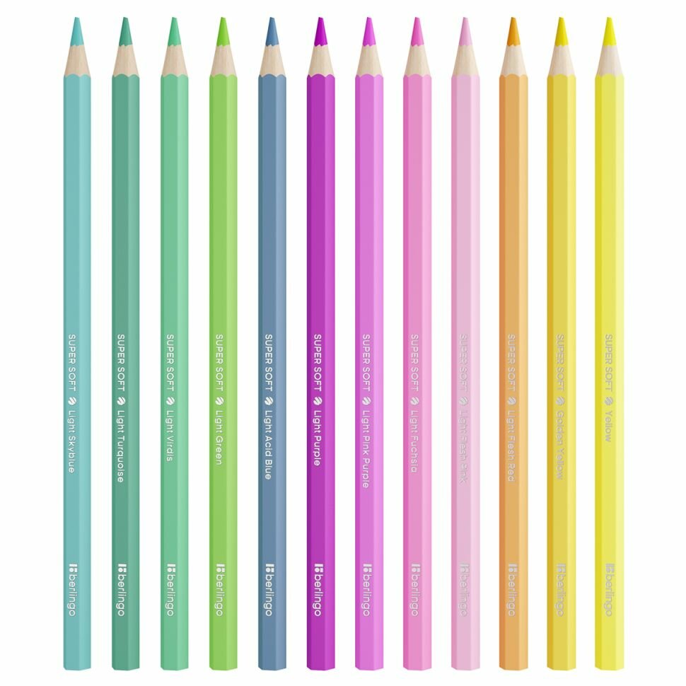 Цветные карандаши для школы 12 цветов, пастельные шестигранные / Набор цветных карандашей для рисования школьный Berlingo "SuperSoft. Pastel"