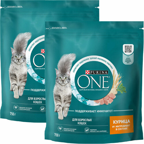 PURINA ONE для взрослых кошек с курицей и злаками (0,75 + 0,75 кг)