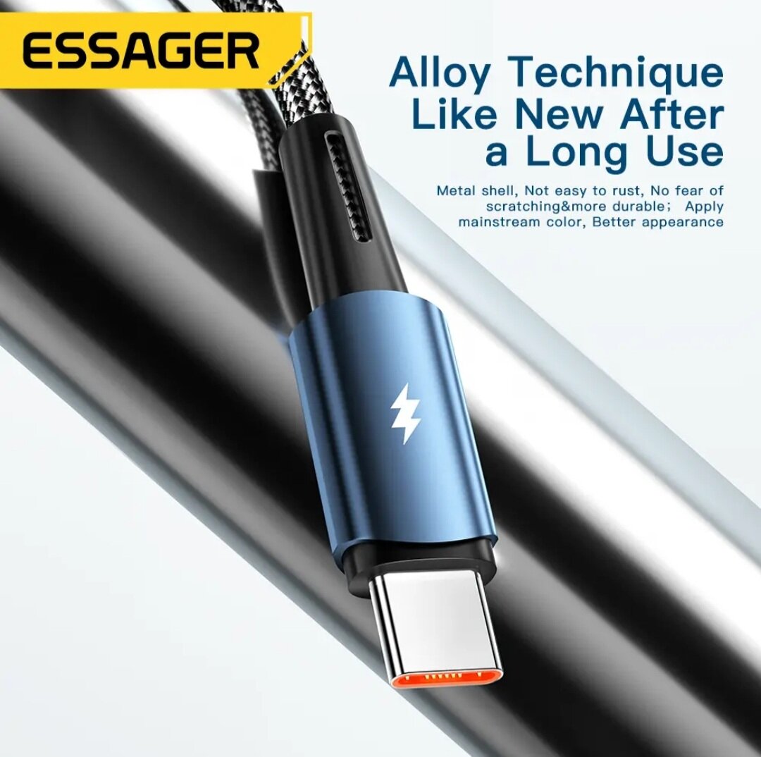 Кабель Essager USB - Type-C, PD 100W, 7 Aмпер, 3 метра, индикатор, быстрая зарядка для Huawei, Xiaomi, Samsung, Oppo