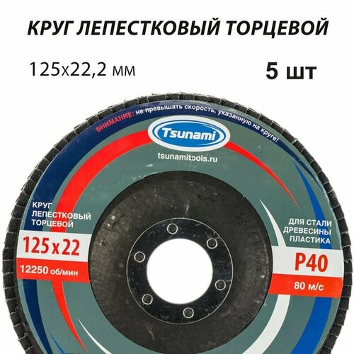 Круг лепестковый 125х22 TSUNAMI P40 / Диск шлифовальный - 5 шт.