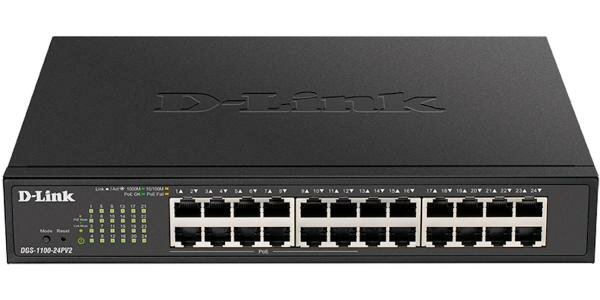 D-Link DGS-1100-24PV2/A3A, L2 Smart Switch with 24 10/100/1000Base-T ports (12 PoE ports 802.3af/802.3at (30 W), PoE Budget 100 W). 8K Mac address, 80