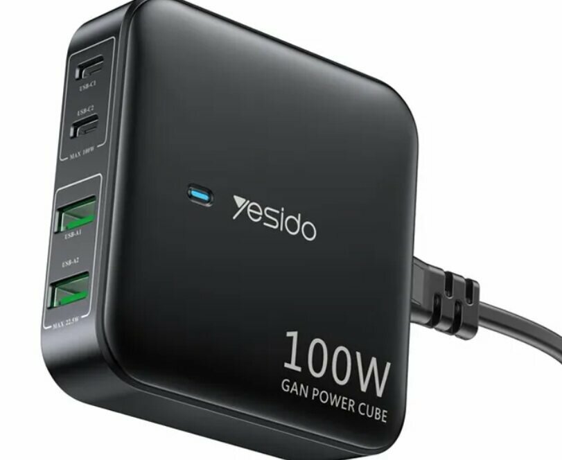 Сетевое зарядное устройство Yesido Desktop Gan Charger, 2C+2U, 100W, EU вилка, Кабель 150 см, Черный