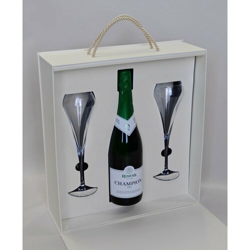 Подарочный набор безалкогольное шампанское Rimuss Champion Bio с бокалами для шампанского Open Up Chef & Sommelier 230 мл, коробка-чемодан цвет нежно-бежевый