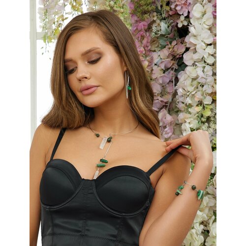 Комплект бижутерии MaRo: колье, браслет, авантюрин, змеевик, горный хрусталь, размер браслета 18 см, размер колье/цепочки 55 см, серебряный, зеленый