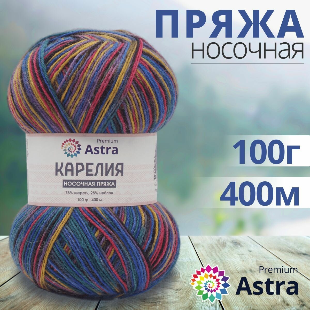 Пряжа для вязания Astra Premium 'Карелия' носочная (Karelia sock), 100г, 400м (75% шерсть, 25% нейлон) (1002), 2 мотка