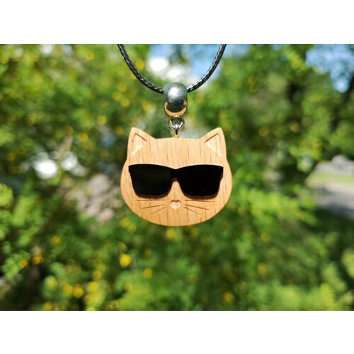 Колье Подвеска Котик в очках, стекло, длина 45 см, черный, бежевый