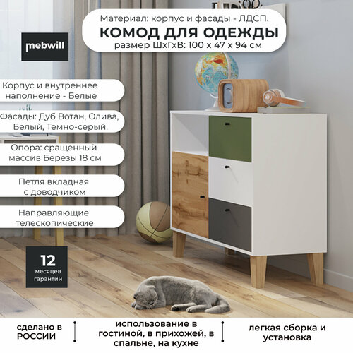 Комод STORY PS 2 Пушкин Цветаева 3 ящика с дверью 100х47х94 Белый Дуб вотан Олива Темно-серый 15879₽