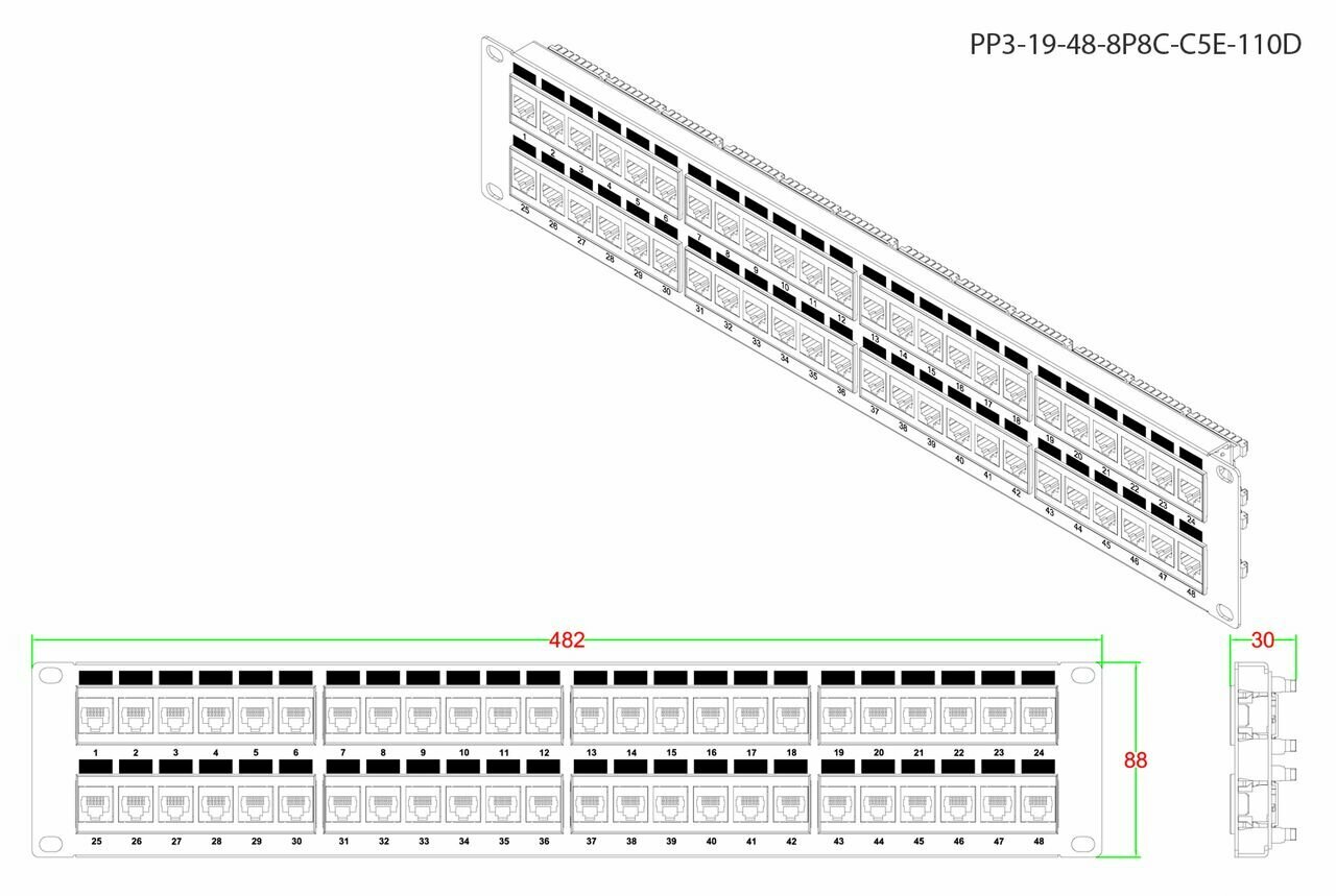 Универсальный сетевой адаптер, Патч-панель PP3-19-48-8P8C-C5E-110D 19дюйм. 2U 48 порт. RJ45 кат. 5e Dual IDC ROHS черн, HYPERLINE