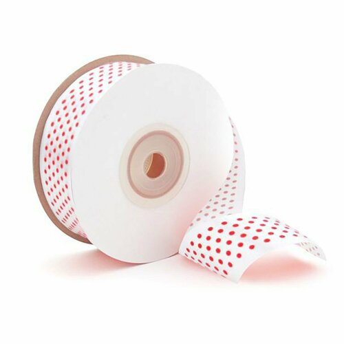 Лента Атлас Белый в красный горох / 2,5 см * 22,85 м
