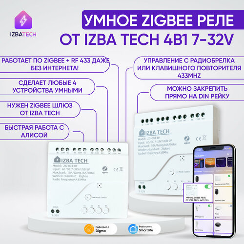 Реле контроллер на 4 канала Zigbee + RF 433 для Умного дома, 7-32v