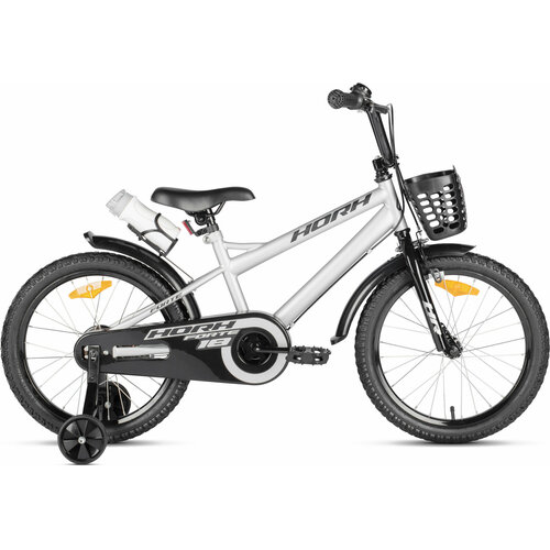 Велосипед детский городской HORH FORTE 18 2024 для детей от 4 лет до 6 лет стальная рама с защитой цепи звонком флягой корзиной 1 ск барабанный тормоза серебристыйчерный цвет рост 115-130 см 1601700₽