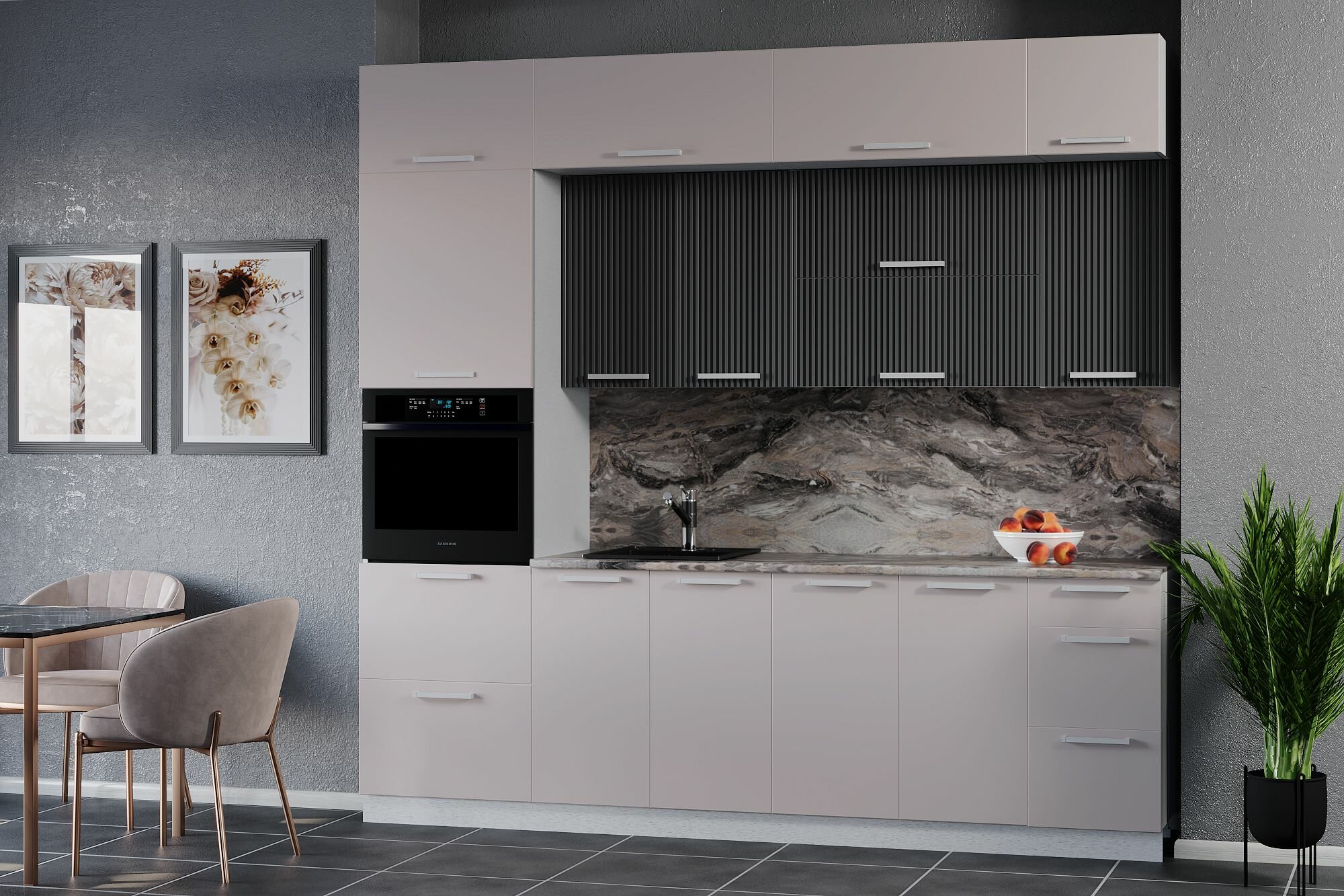 Кухонный гарнитур Кристен 26 ПД 2я 600 МДФ Капучино софт/ Графит софт столешница 38мм и стеновая панель-Паладина