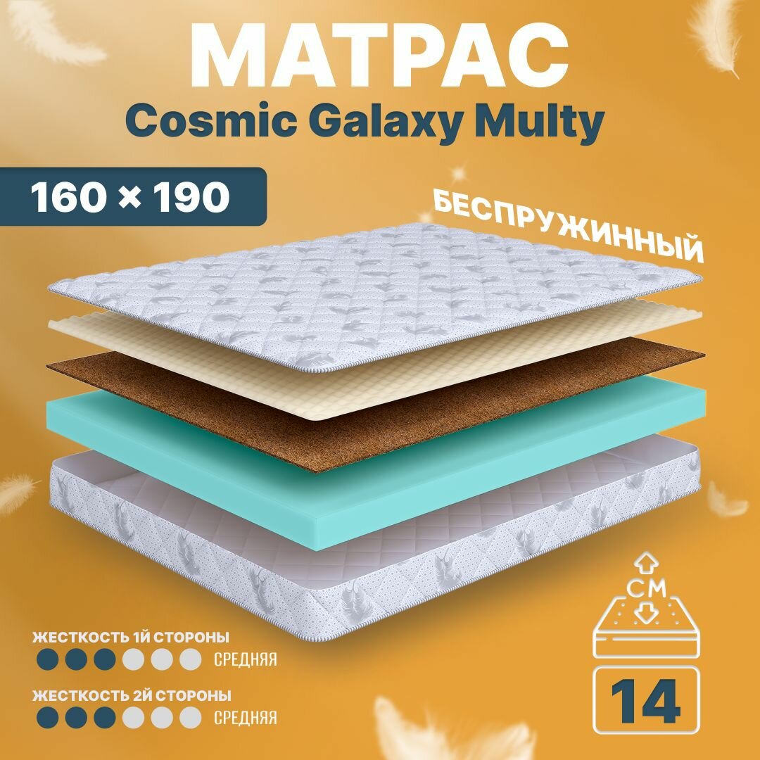 Матрас 160х190 беспружинный анатомический для кровати, Cosmic Galaxy Multy, средне-жесткий 14 см с одинаковой жесткостью