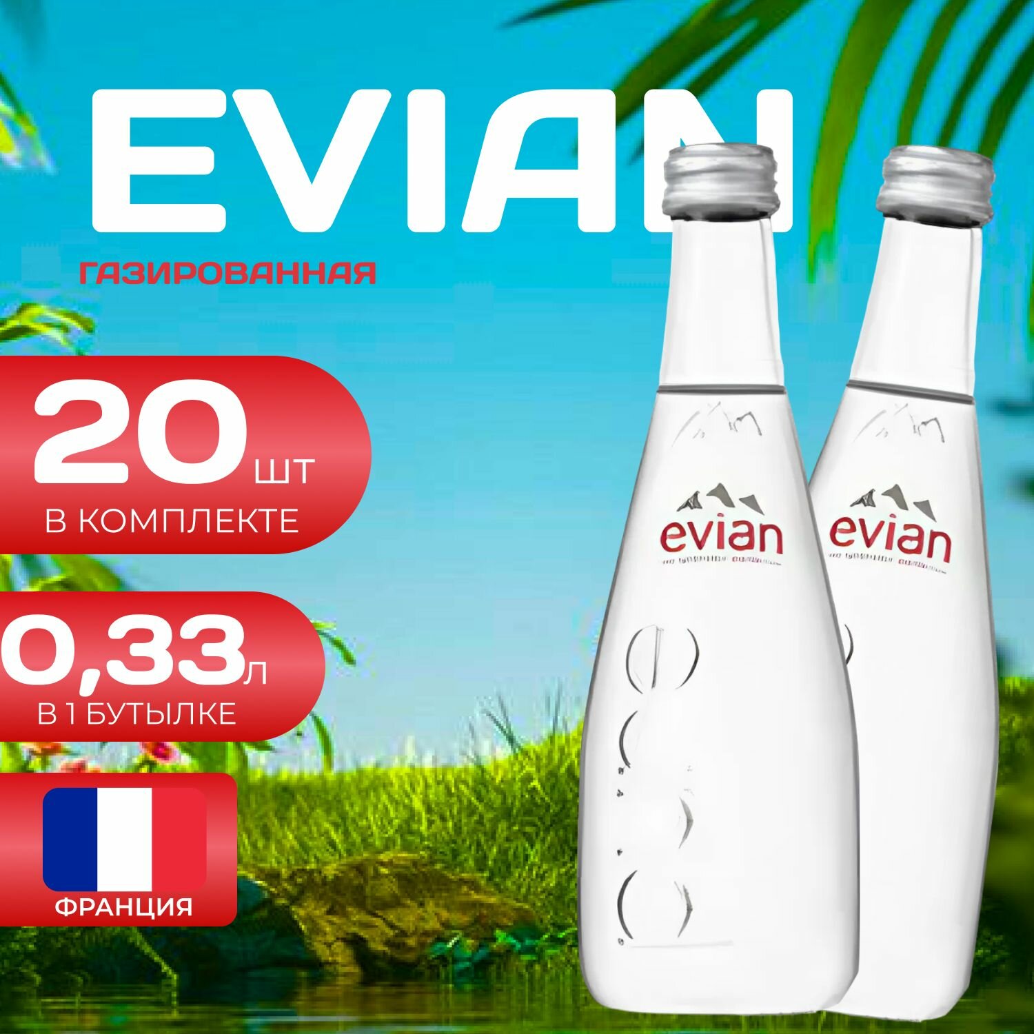Вода минеральная питьевая Evian (Эвиан) газированная 20 шт по 0,33 л, стекло