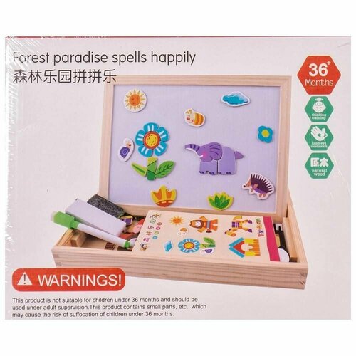 Пазлы для малышей магнитные развивающие в деревянном пенале с маркером и мелками, набор картинок