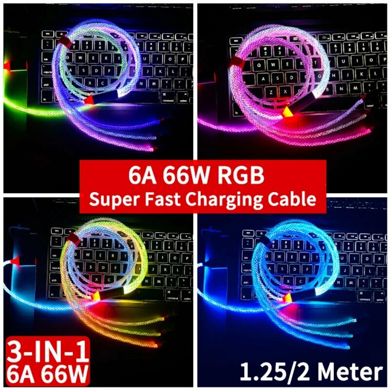 3-в-1 6A 66W RGB супер быстрый зарядный кабель Type-C Micro USB кабель зарядного устройства поток Прохладный красочный светящийся кабель для передачи данных для iPhone Android, 3 IN 1 RGB, 2m — фото 1