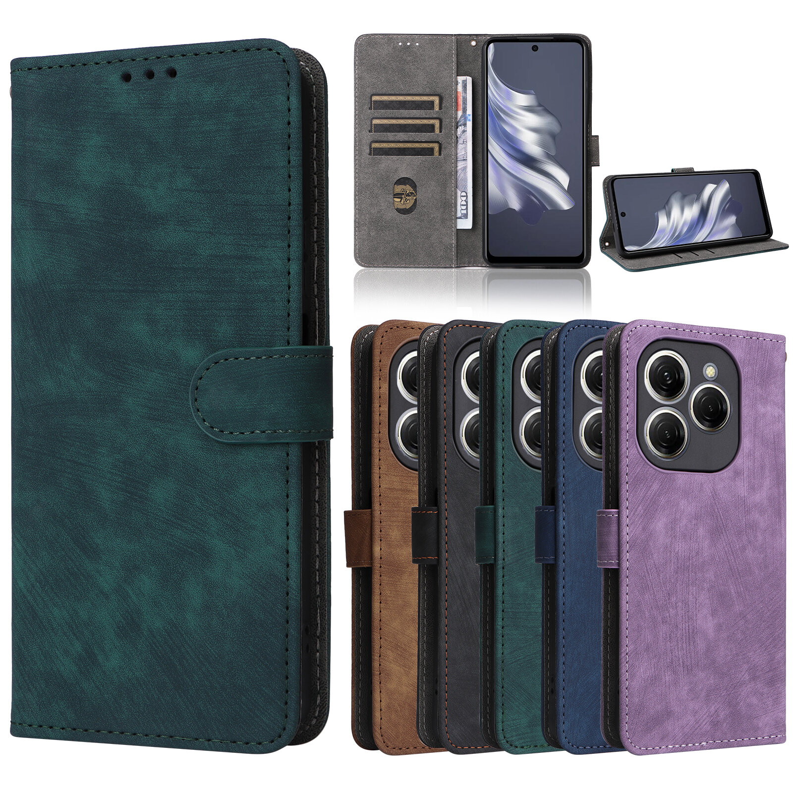 Чехол книжка для Tecno Spark 20 Pro c магнитной застежкой / Техно Спарк 20 Про c отделением под карты (зеленая) — фото 1