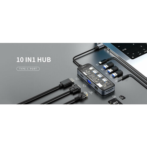 HUB адаптер Recci 10-in-1 Docking Station Разветвитель Type-C - 3USB30PD100W4K HDMISDTFRJ45VGAAUX Cерый RH22 9780₽