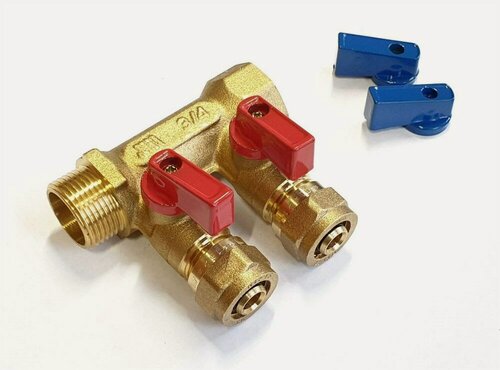 Изображение товара Фитинг гребенка - коллектор 1/2 выхода цанга 16 и кранами TIM 200-3/4 (Россия)