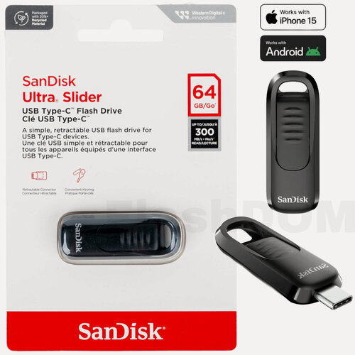 Изображение товара Флеш-накопитель SanDisk 64 ГБ Type C Ultra Slider до 300 Мб/с USB 3.2 Gen 1