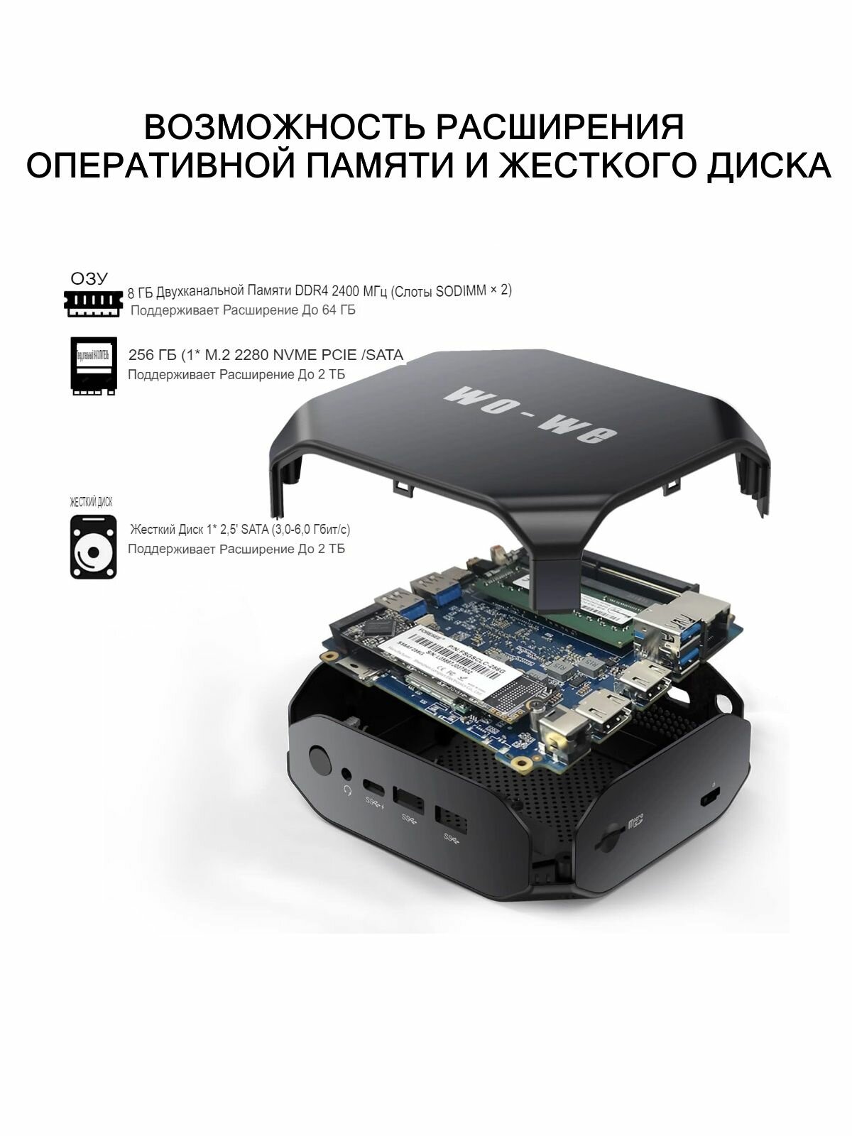 WO-WE мини-ПК (AMD Ryzen 7 3750H, RAM 8 ГБ, SSD 256 ГБ, Radeon Vega Graphics, Windows 11 Pro, черный — фото 1