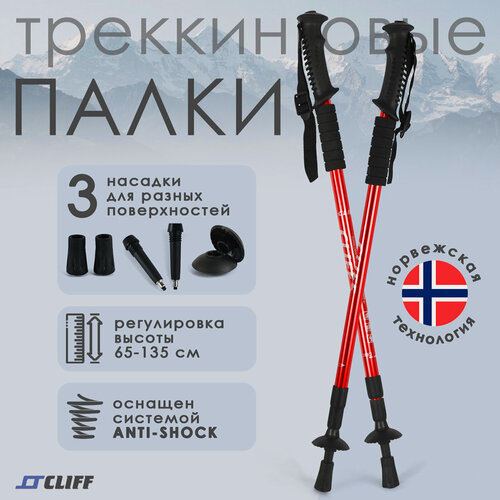 Изображение товара Палки для скандинавской ходьбы красные с чехлом 105-135см, телескопические, треккинговые.