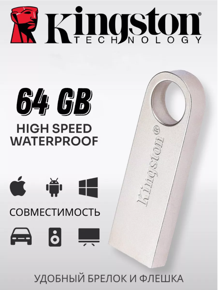 Флеш-накопитель Kingston, USB 2.0, 64ГБ, серебристый, металл