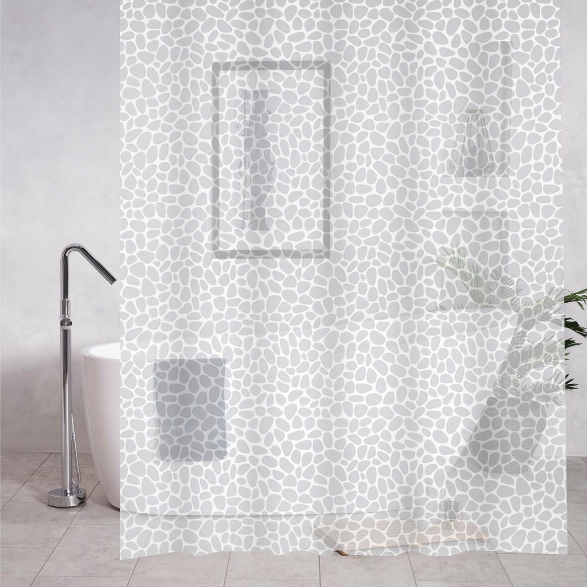 Штора 3D санакс 06-05 белая матовая камни в ванную комнату с кольцами PEVA 180 х 180 см