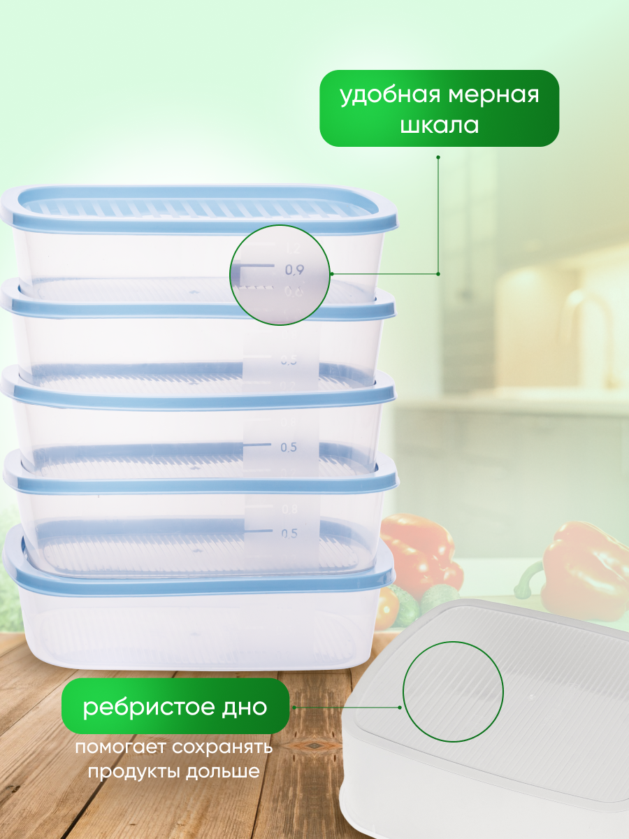 Контейнеры для еды и хранения продуктов с крышкой, пластиковые Sparkplast, прямоугольные, набор пищевой 5 шт по 1000 мл. — фото 1