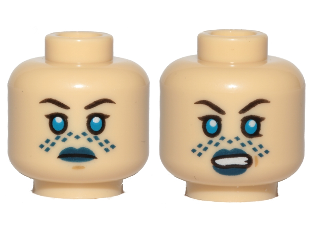 Minifigure, Head Dual Sided Female, Dark Blue Lips, Blue Tattoo, Neutral / Angry Pattern (SW Barriss Offee), 3626pb2099 Tan U